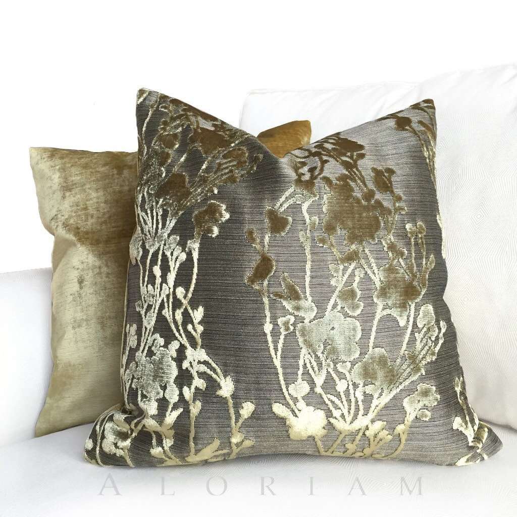 Designer Straw Gold Cut Velvet Floral Pillow Cover Cushion Pillow Case Euro Sham 16x16 18x18 20x20 22x22 24x24 26x26 28x28 Lumbar Pillow 12x18 12x20 12x24 14x20 16x26 by Aloriam