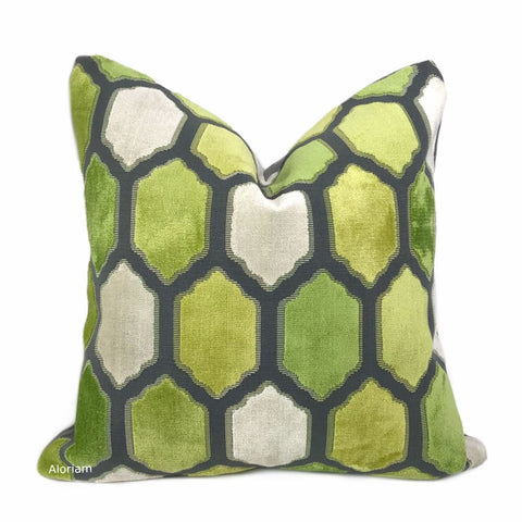 Dorsey Green Gray Geometric Tile Velvet Pillow Cover - Aloriam