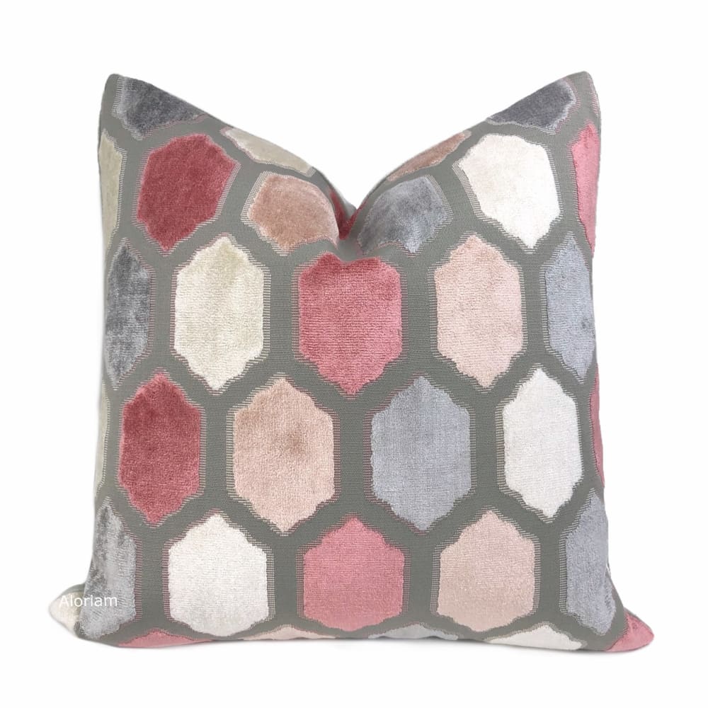 Dorsey Pink Gray Geometric Tile Velvet Pillow Cover - Aloriam