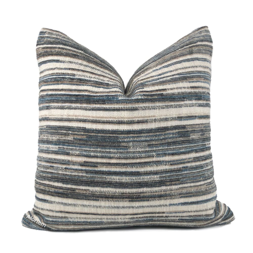 Dustin Brown Beige Teal Blue Textured Stripes Chenille Pillow Cover - Aloriam