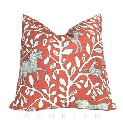 Dwell Studio Pantheon Folk Art Animals Forest Persimmon Orange Ivory Pillow Cushion Cover Cushion Pillow Case Euro Sham 16x16 18x18 20x20 22x22 24x24 26x26 28x28 Lumbar Pillow 12x18 12x20 12x24 14x20 16x26 by Aloriam