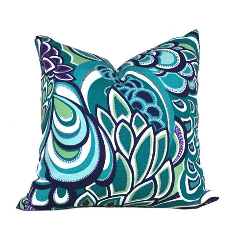 Eileen Boyd Designer Retro Mod Teal Green Purple Floral Pillow Cover, Fits Lumbar 16" 18" 20" 22" 24" Cushion Inserts
