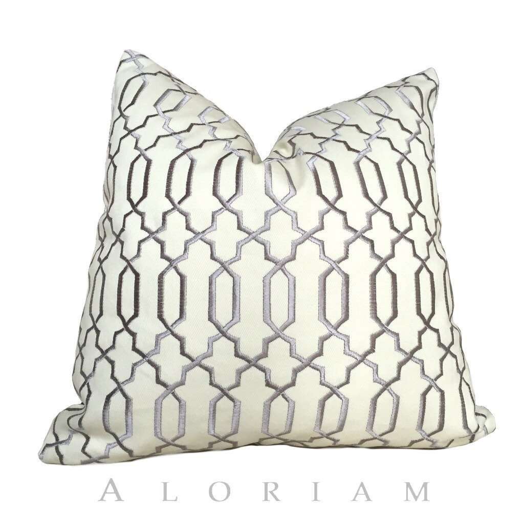 Robert Allen Gray Cream Embroidered Lattice Fretwork Pillow Cushion Cover