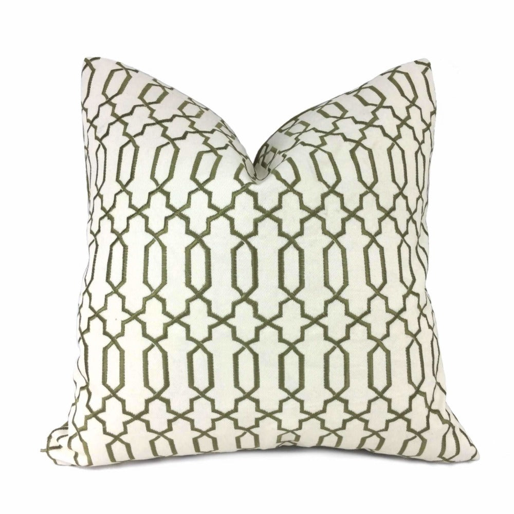Elysa Green Olive & Cream Embroidered Geometric Fretwork Lattice Pillow Cover
