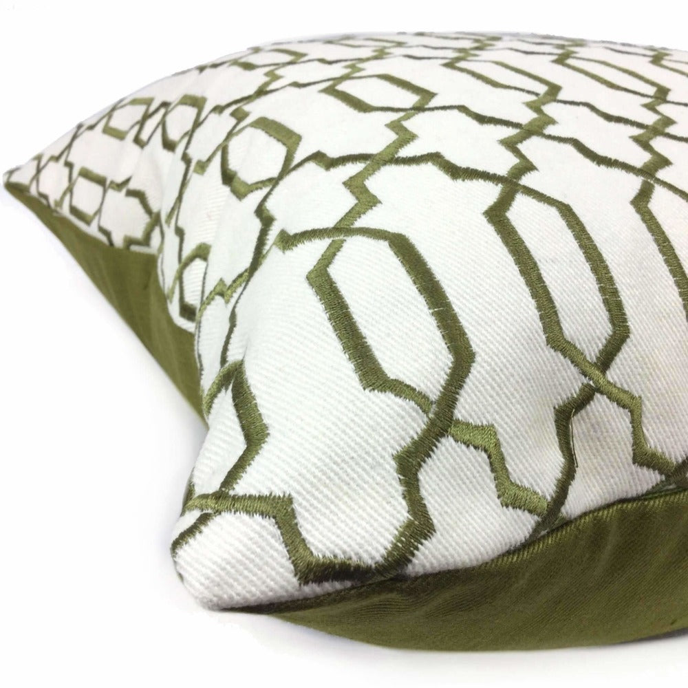Elysa Green Olive Cream Embroidered Geometric Fretwork Lattice