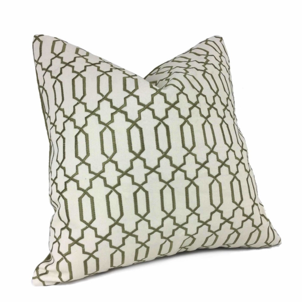Elysa Green Olive Cream Embroidered Geometric Fretwork Lattice