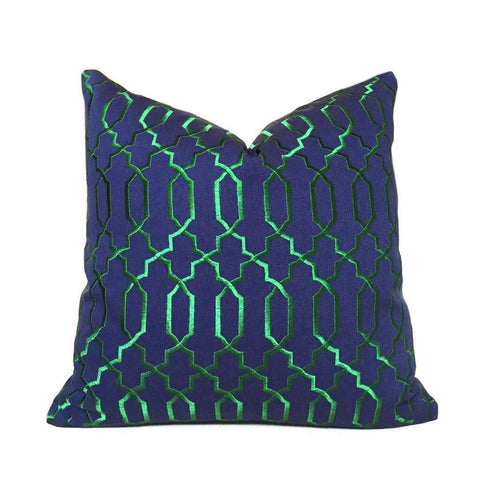 Elysa Navy Blue Emerald Green Embroidered Lattice Fretwork Pillow Cover Cushion Pillow Case Euro Sham 16x16 18x18 20x20 22x22 24x24 26x26 28x28 Lumbar Pillow 12x18 12x20 12x24 14x20 16x26 by Aloriam
