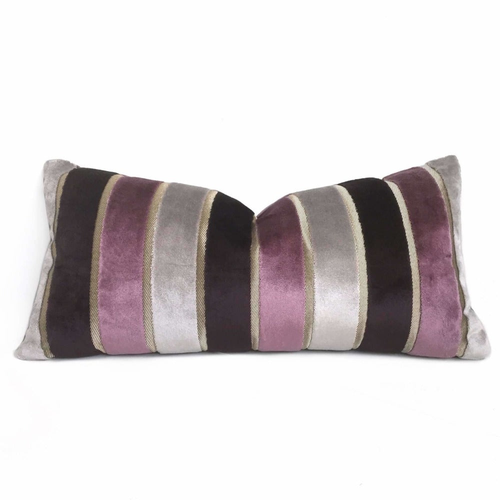 Emilio Amethyst Purple Gray Wide Velvet Stripe Pillow Cover