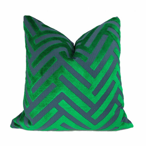 Euclid Green Blue Chevron Velvet Pillow Cover - Aloriam