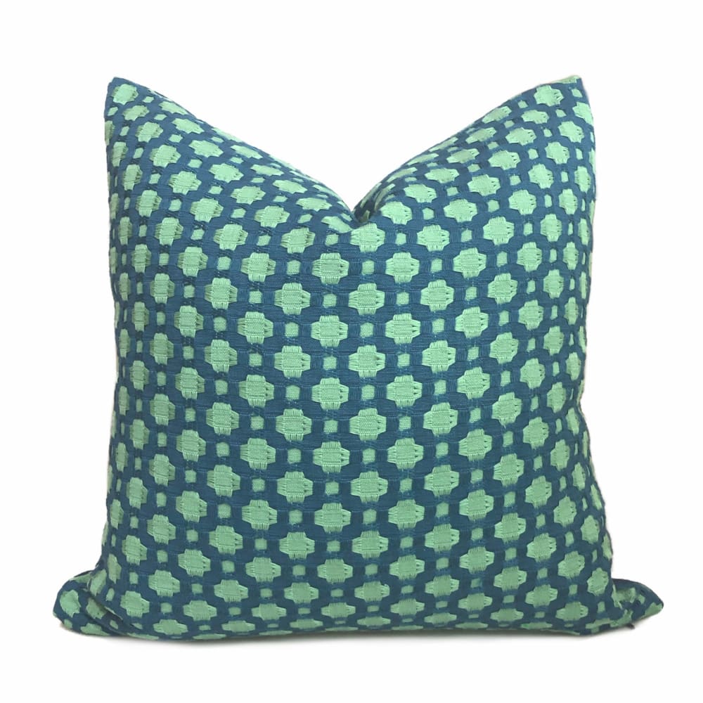 F Schumacher Betwixt Peacock Seaglass Blue Green Geometric Checks Pillow Cover - Aloriam