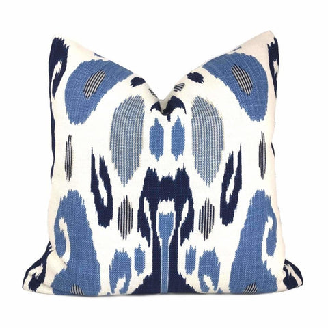 Fazil Ikat Blue White Cotton Linen Print Pillow Cover (John Robshaw Designer Fabric) Cushion Pillow Case Euro Sham 16x16 18x18 20x20 22x22 24x24 26x26 28x28 Lumbar Pillow 12x18 12x20 12x24 14x20 16x26 by Aloriam