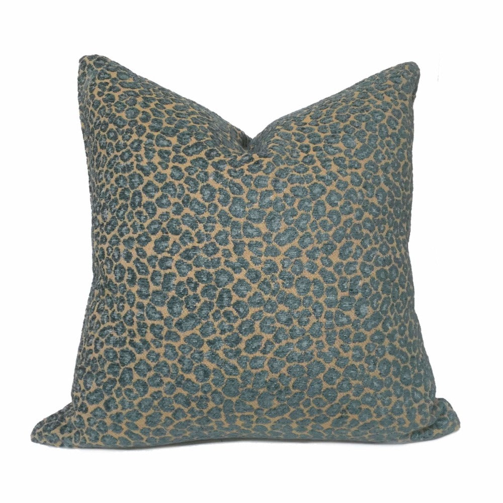 Felix Teal & Tan Brown Chenille Leopard Spots Pillow Cover