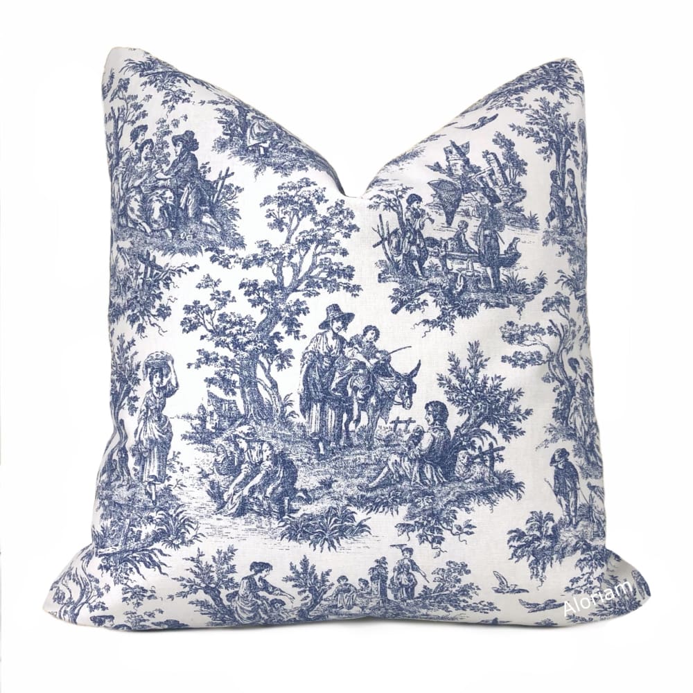 French Country Navy Blue White Toile Print Pillow Cover - Aloriam