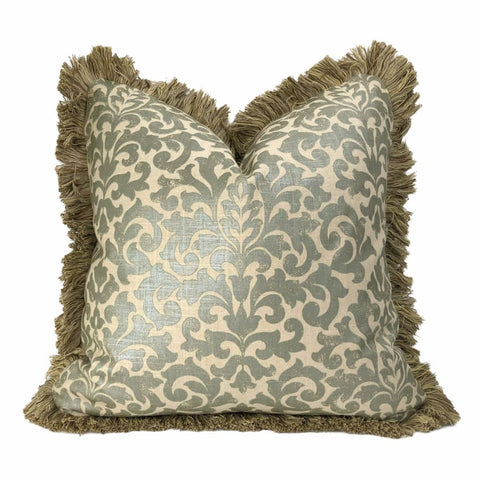 Gainsborough I Sage Green Beige Baroque Floral Damask Fringed Pillow Cover - Aloriam