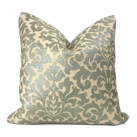 Gainsborough II Sage Green Beige Baroque Floral Damask Fringed Pillow Cover - Aloriam