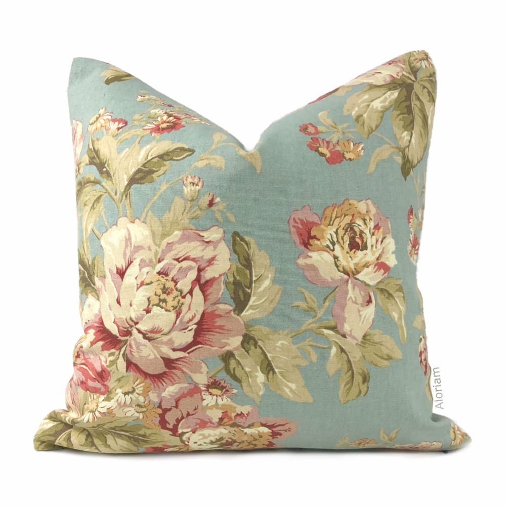 Giverny Pink Duck Egg Blue Floral Print Pillow Cover - Aloriam