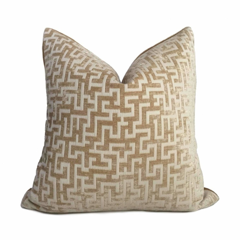 Golden Brown Cream Greek Key Geometric Chenille Pillow Cover Cushion Pillow Case Euro Sham 16x16 18x18 20x20 22x22 24x24 26x26 28x28 Lumbar Pillow 12x18 12x20 12x24 14x20 16x26 by Aloriam