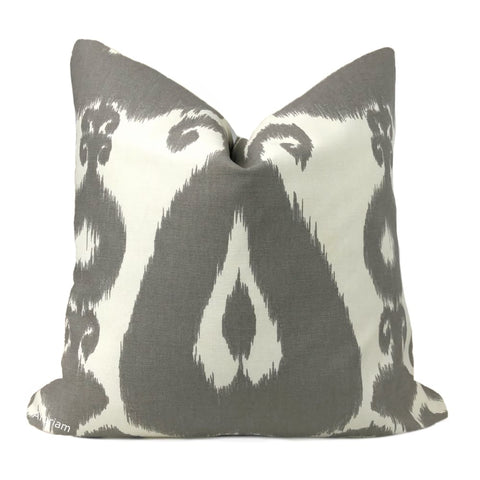 Gray Creamy White Large Scale Ikat Ethnic Cotton Print Pillow Cover - Aloriam