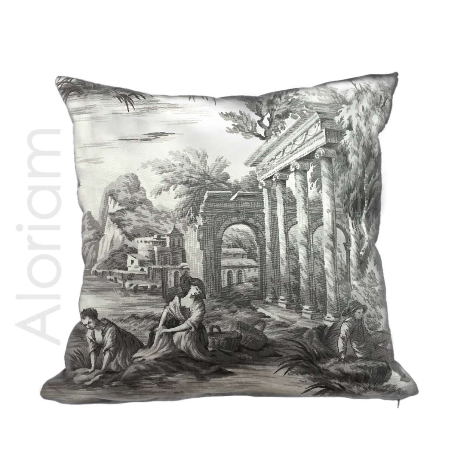 Greek Grand Toile Gray White Pillow by Aloriam