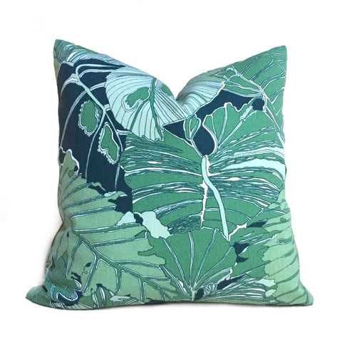 Green Navy Blue Abstract Leaf Botanical Cotton Print Pillow Cover by Aloriam
