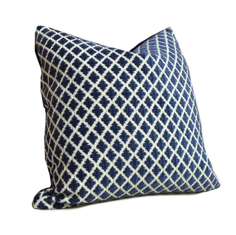 Highland Court Hartwell Indigo Blue Cream Diamond Geometric Chenille Velvet Pillow Cover