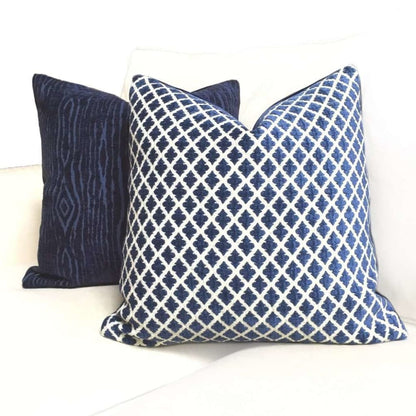 Highland Court Hartwell Indigo Blue Cream Diamond Geometric Chenille Velvet Pillow Cover