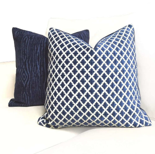 Highland Court Hartwell Indigo Blue Cream Diamond Geometric Chenille Velvet Pillow Cover
