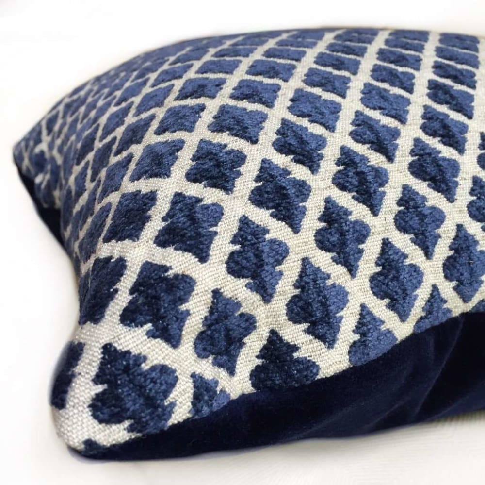 Highland Court Hartwell Indigo Blue Cream Diamond Geometric Chenille Velvet Pillow Cover