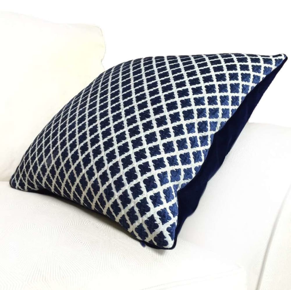 Highland Court Hartwell Indigo Blue Cream Diamond Geometric Chenille Velvet Pillow Cover
