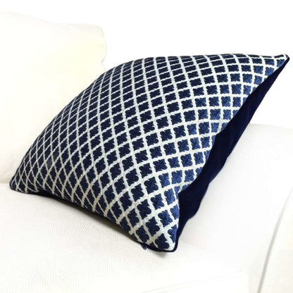 Highland Court Hartwell Indigo Blue Cream Diamond Geometric Chenille Velvet Pillow Cover