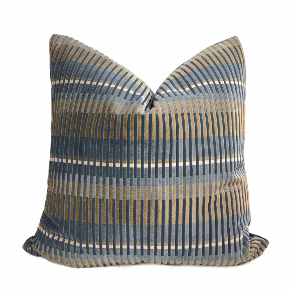 Humbolt Mid-Century Modern Blue Brown Velvet Stripe Pillow Cover - Aloriam