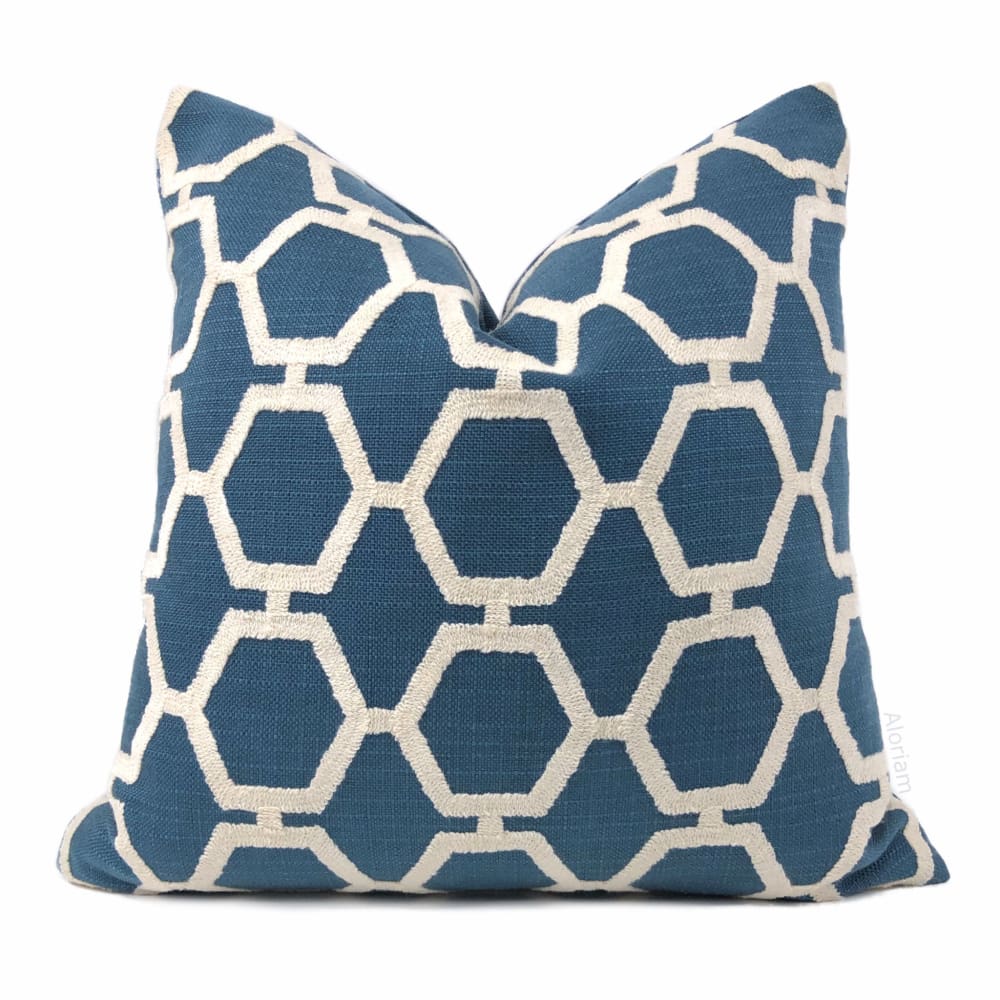 Ibsen Blue White Embroidered Hexagon Lattice Pillow Cover - Aloriam