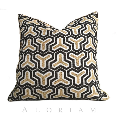 Wishbone Geometric Pattern Cream Beige Brown Chenille Pillow Cushion Cover