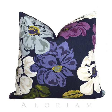 Robert Allen Navy Blue Purple Violet Modern Floral Print Pillow Cover (CLEARANCE)