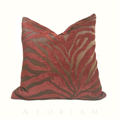Two Tone Dark Brown Redwood Animal Stripe Pattern Upholstery Chenille Pillow Cover