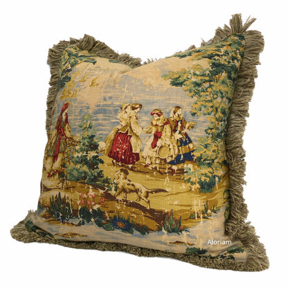 (CLEARANCE) Bosporus Billiard Green Crimson Old World Scenic Landscape Toile Pillow Cover with Brush Fringe Trim