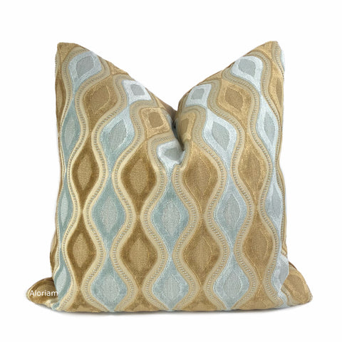 Carleton Light Blue & Brown Wavy Velvet Stripe Pillow Cover