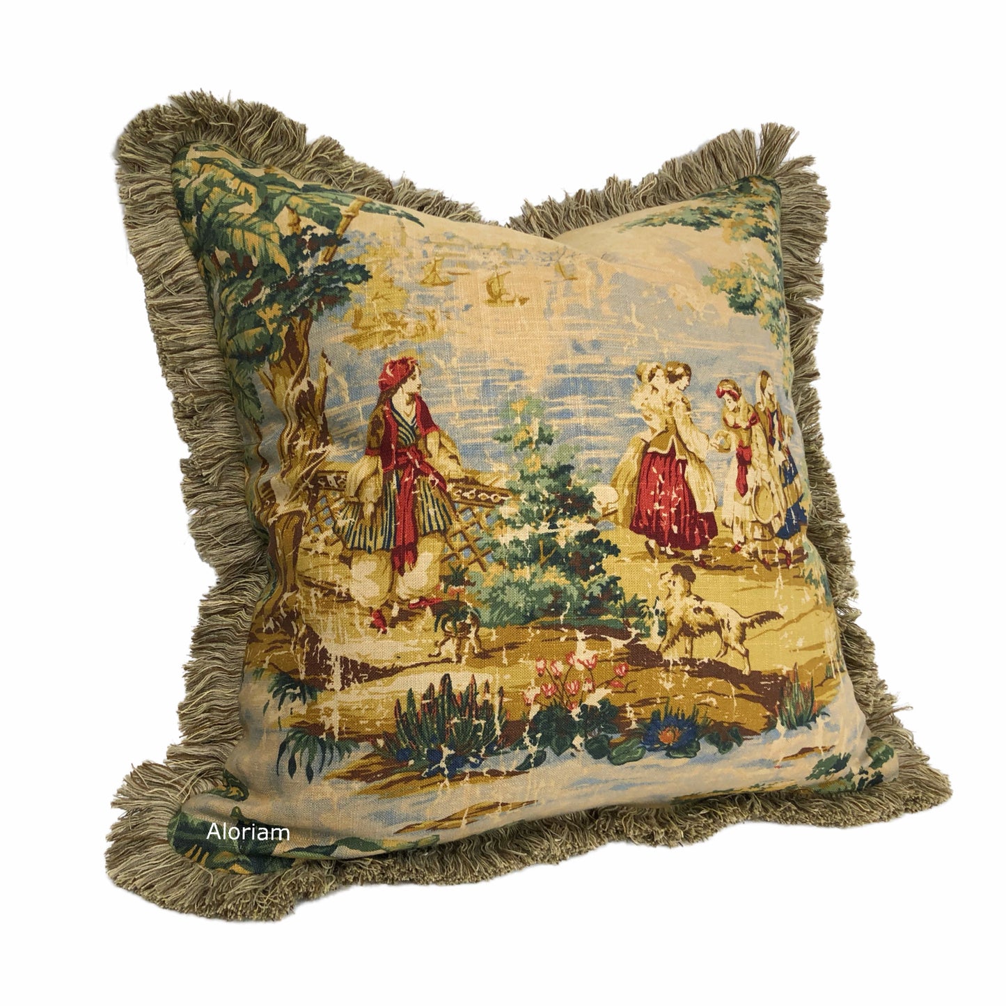 (CLEARANCE) Bosporus Billiard Green Crimson Old World Scenic Landscape Toile Pillow Cover with Brush Fringe Trim