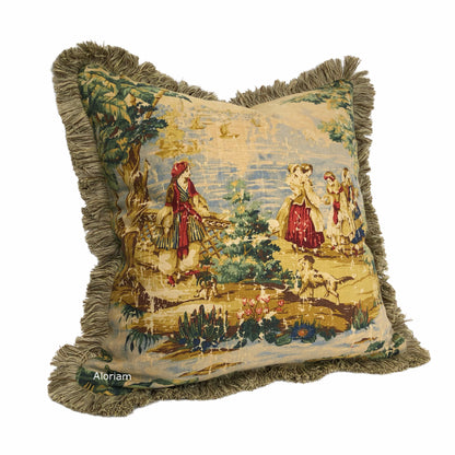 (CLEARANCE) Bosporus Billiard Green Crimson Old World Scenic Landscape Toile Pillow Cover with Brush Fringe Trim