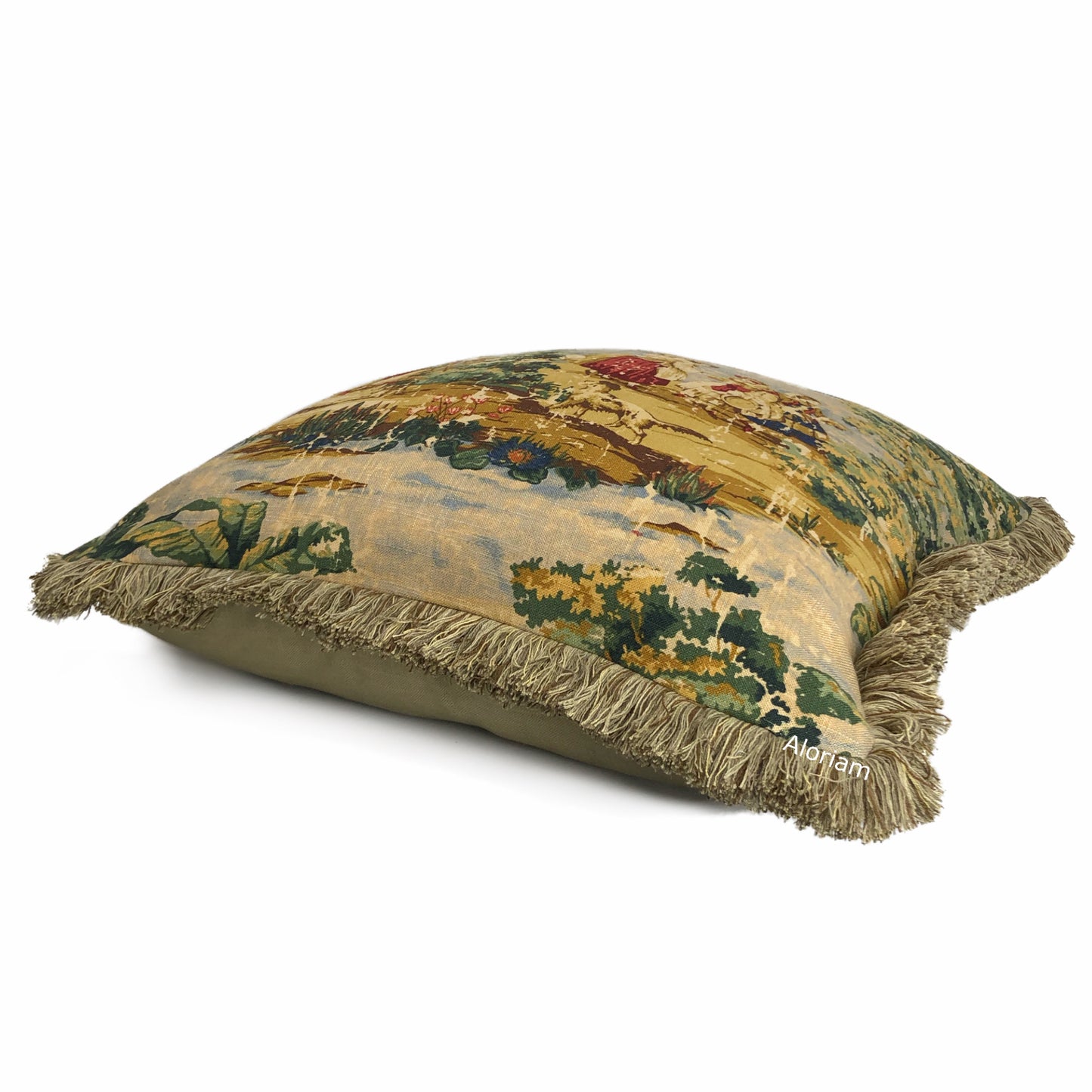 (CLEARANCE) Bosporus Billiard Green Crimson Old World Scenic Landscape Toile Pillow Cover with Brush Fringe Trim