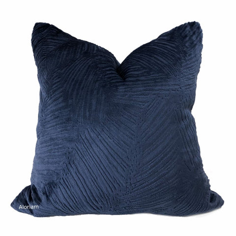 Isla Navy Blue Crosshatch Leaf Texture Velvet Pillow Cover - Aloriam
