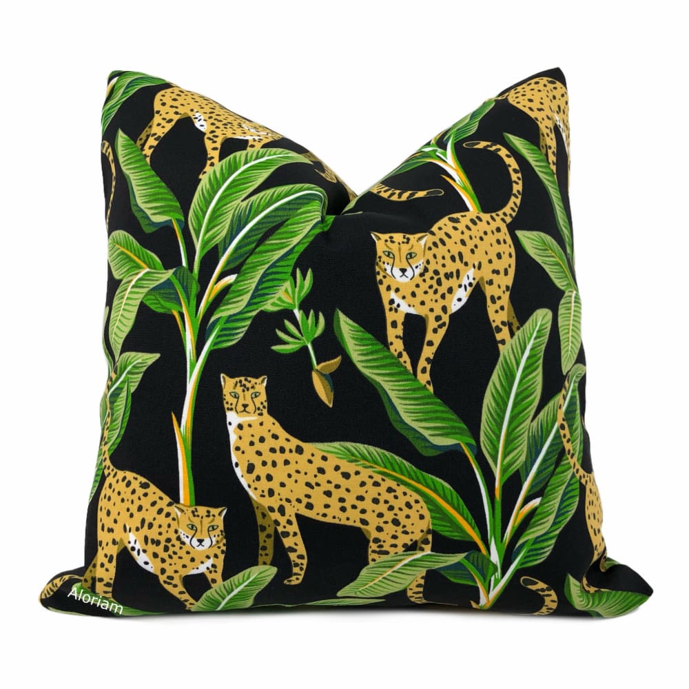 Jenga Leopards with Green Foliage Black Indoor Outdoor Pillow Cover - Fits 12x18 insert (11.5x17 cover) - Aloriam