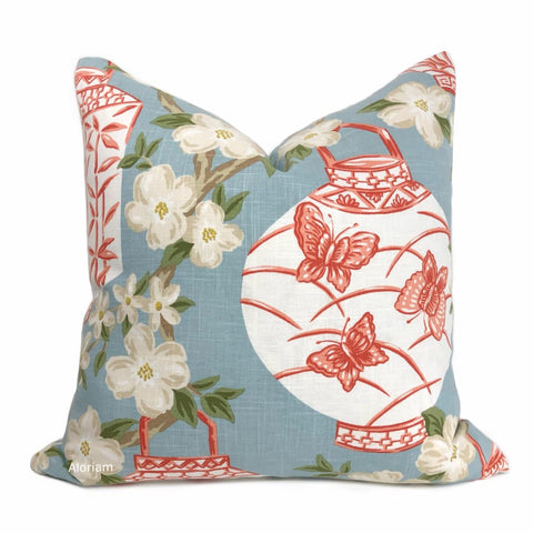Jiangxi Coral & Blue Chinoiserie Porcelain Jar Floral Print Pillow Cover - Aloriam