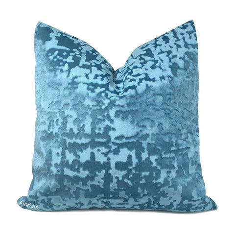 Kael II Sky Blue Abstract Distressed Tonal Velvet Pillow Cover - Aloriam
