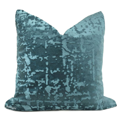 Kael II Lagoon Blue Teal Green Abstract Distressed Tonal Velvet Pillow Cover - Aloriam