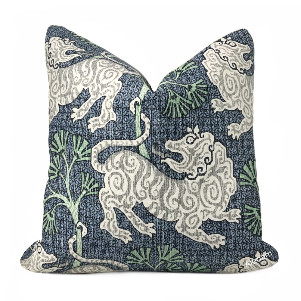 Kathmandu Navy Blue Green Chinoiserie Lion Print Pillow Cover - Aloriam