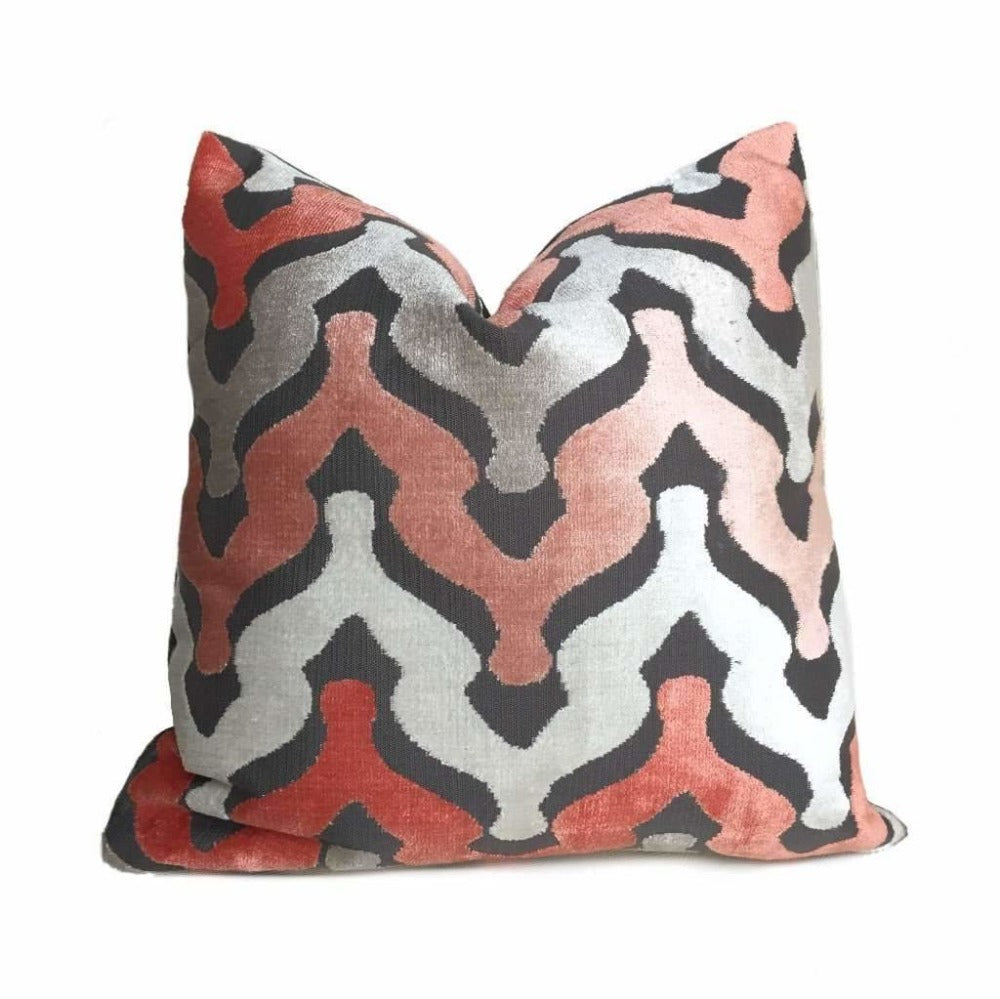 Designer Ogee Wave Coral Pink Gray Cream Cut Velvet Pillow Cover by Aloriam