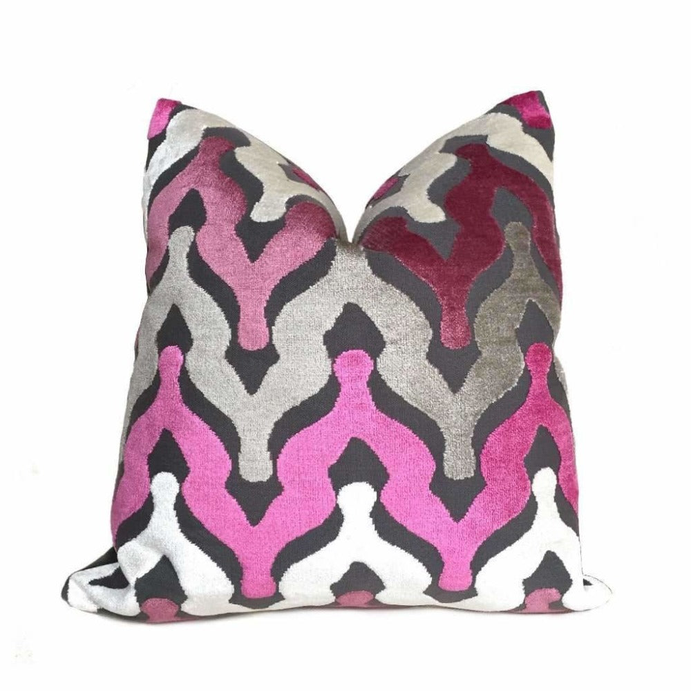 Designer Ogee Wave Magenta Pink Purple Gray Cream Cut Velvet Pillow Cover by Aloriam