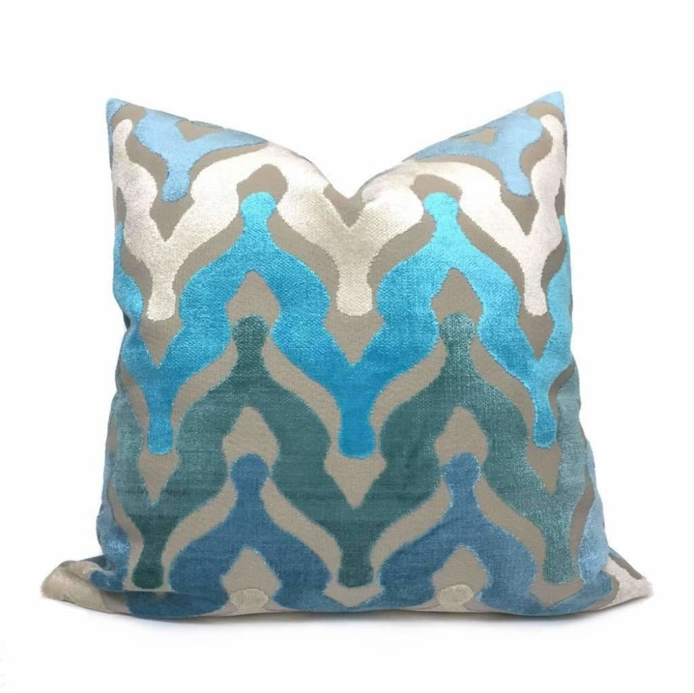 Designer Ogee Wave Turquoise Blue Cream Beige Cut Velvet Pillow Cover by Aloriam