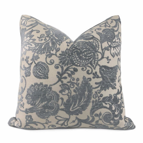 Kravet 32528 Jacobean Floral Slate Gray Beige Chenille Velvet Pillow Cover - Aloriam
